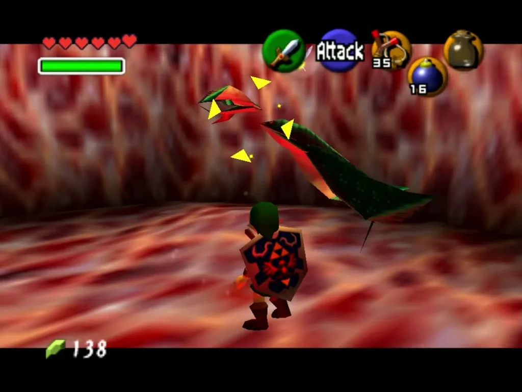 Link facing a Stinger diving across the red floor of Jabu-Jabu's Belly