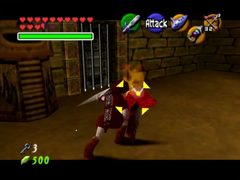 Link fighting a Torch Slug in front of a barred gate