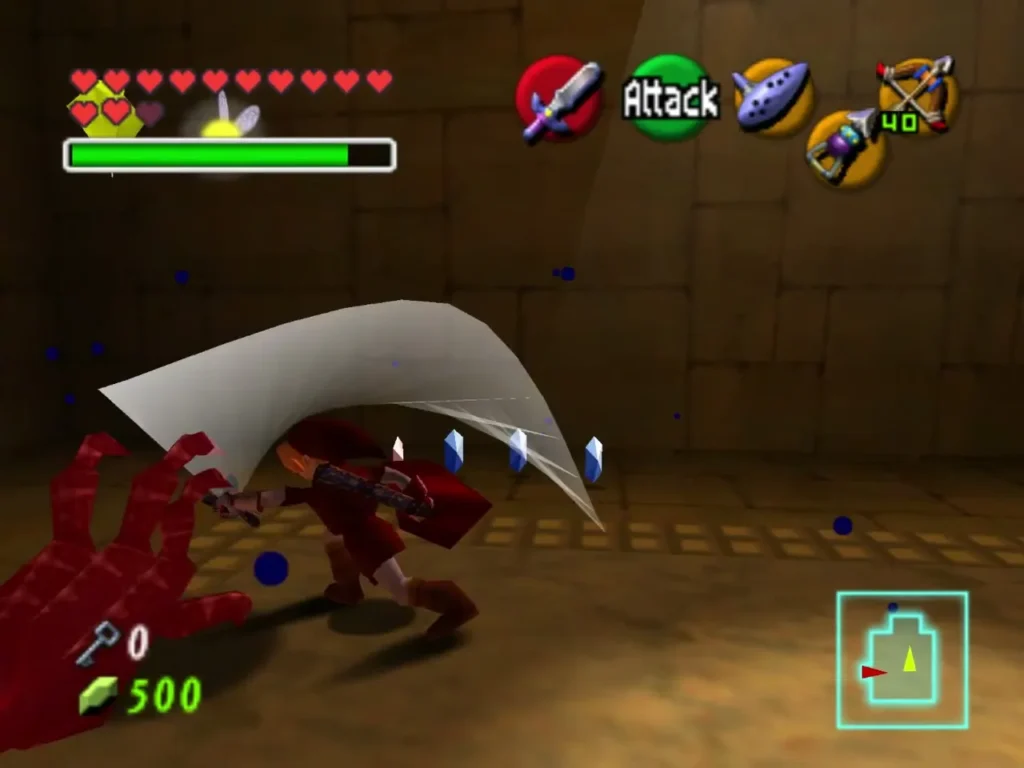 A red Wallmaster hand reaching for Link as he swings his sword
