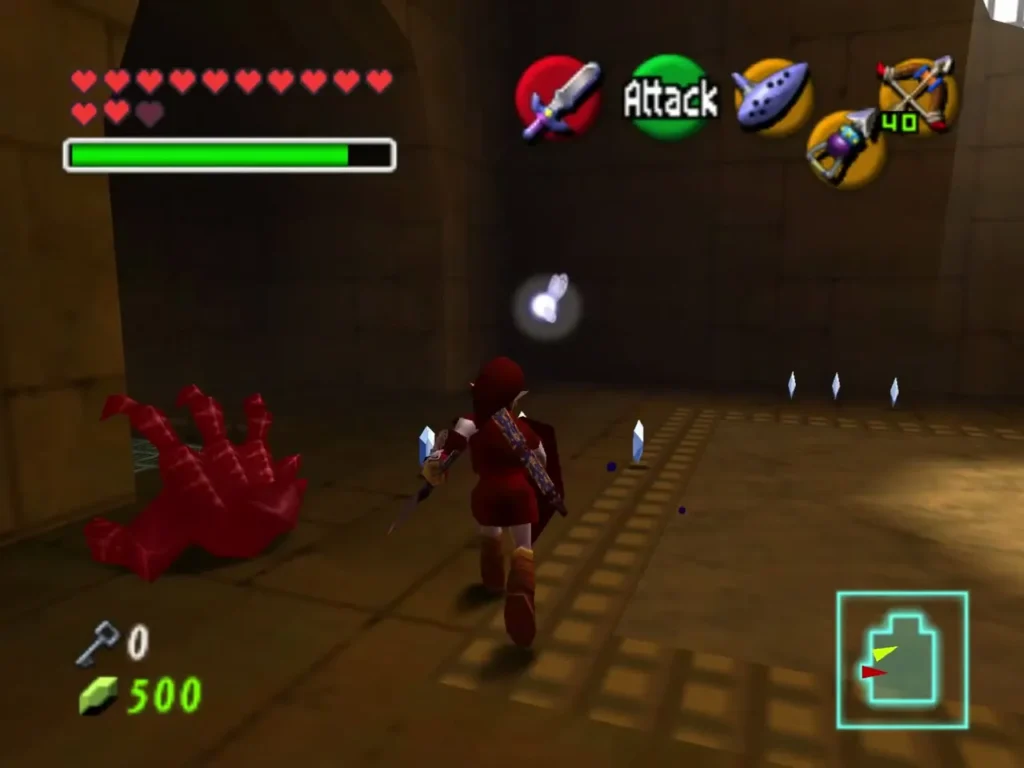 A red Wallmaster hand lying on the floor of a Spirit Temple room beside Link
