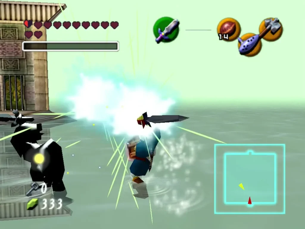 Dark Link breaking apart in a white burst as Link strikes it in the Water Temple