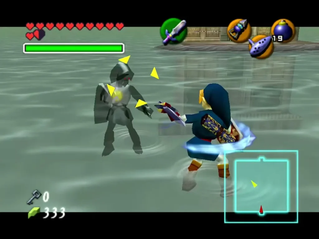 Link slashing at Dark Link, a grey shadow copy of himself, in the Water Temple illusory room