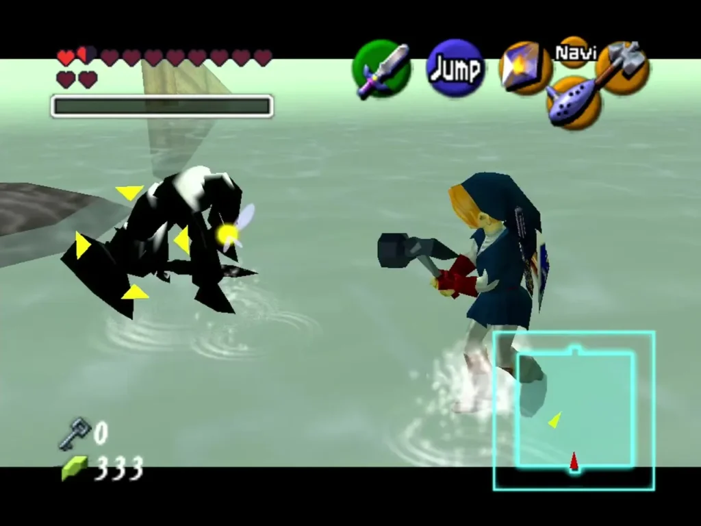 Link fighting Dark Link, a black shadow, on the shallow water of the Water Temple