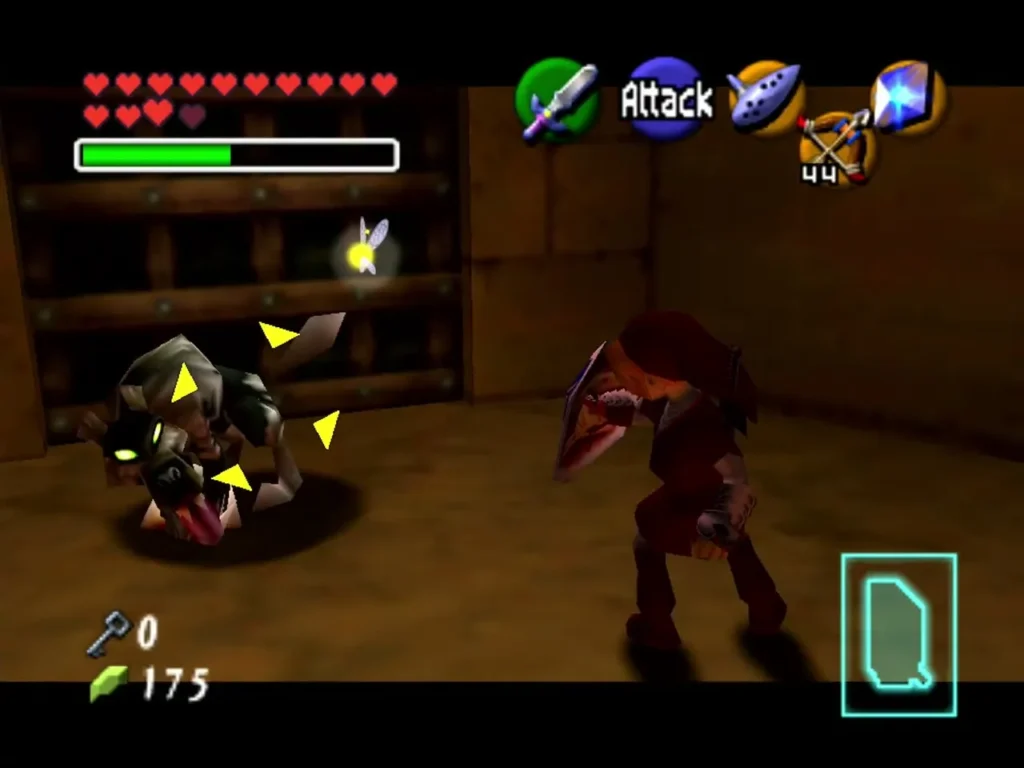 Link with a shield facing a Wolfos in a stone dungeon room