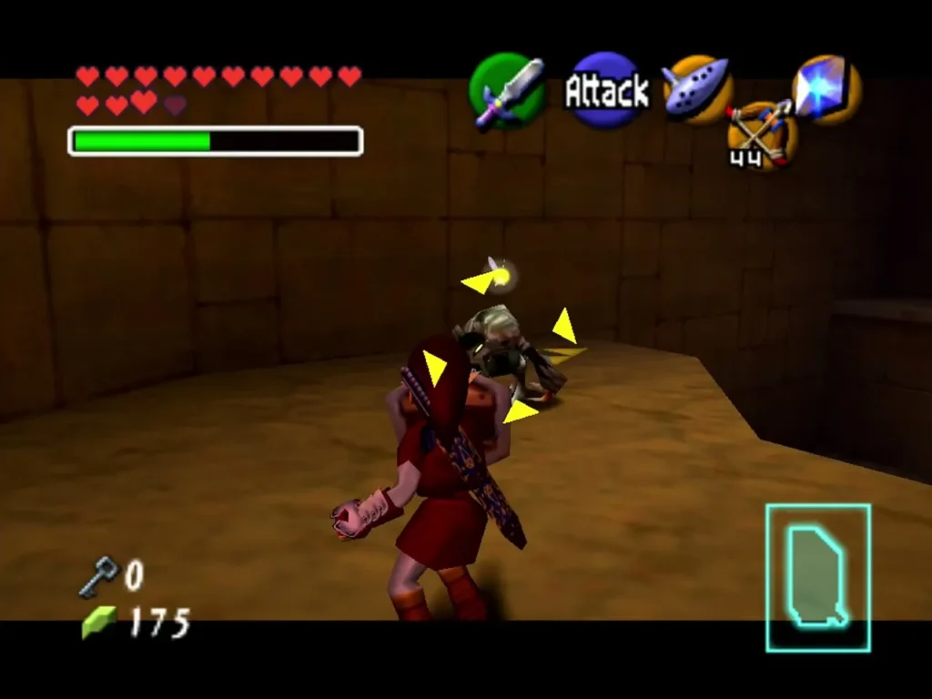 Link locked on to a Wolfos crouched on the floor of a dungeon