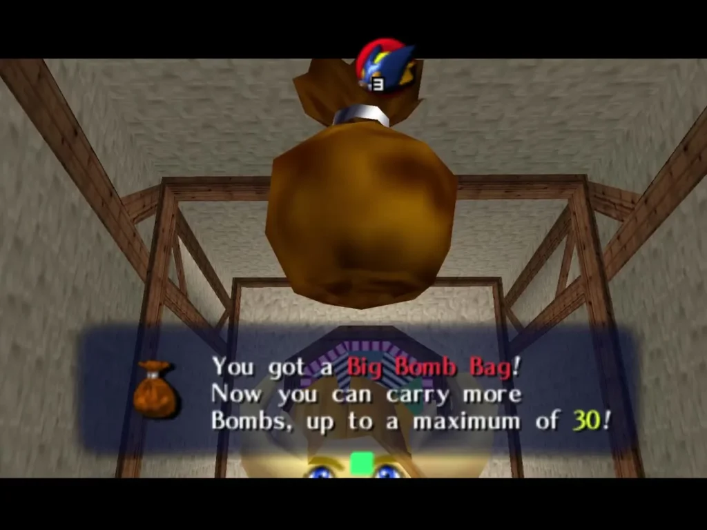 Link holding up the Big Bomb Bag won at the Bombchu Bowling Alley, with its item box Link holding up the Big Bomb Bag won at the Bombchu Bowling Alley, with its item box