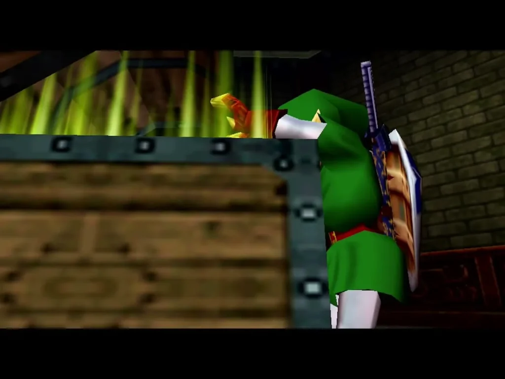 Link opening a chest in a dungeon, golden light spilling out of it Link opening a chest in a dungeon, golden light spilling out of it