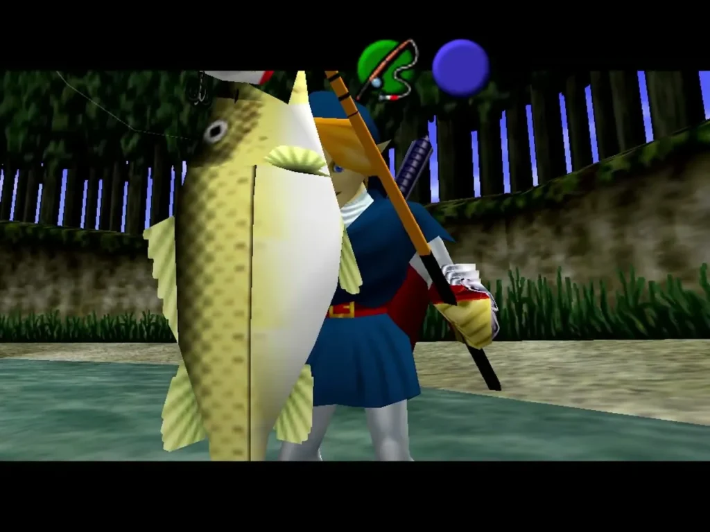 Link holds a huge fish over his shoulder at the Fishing Pond Link holds a huge fish over his shoulder at the Fishing Pond