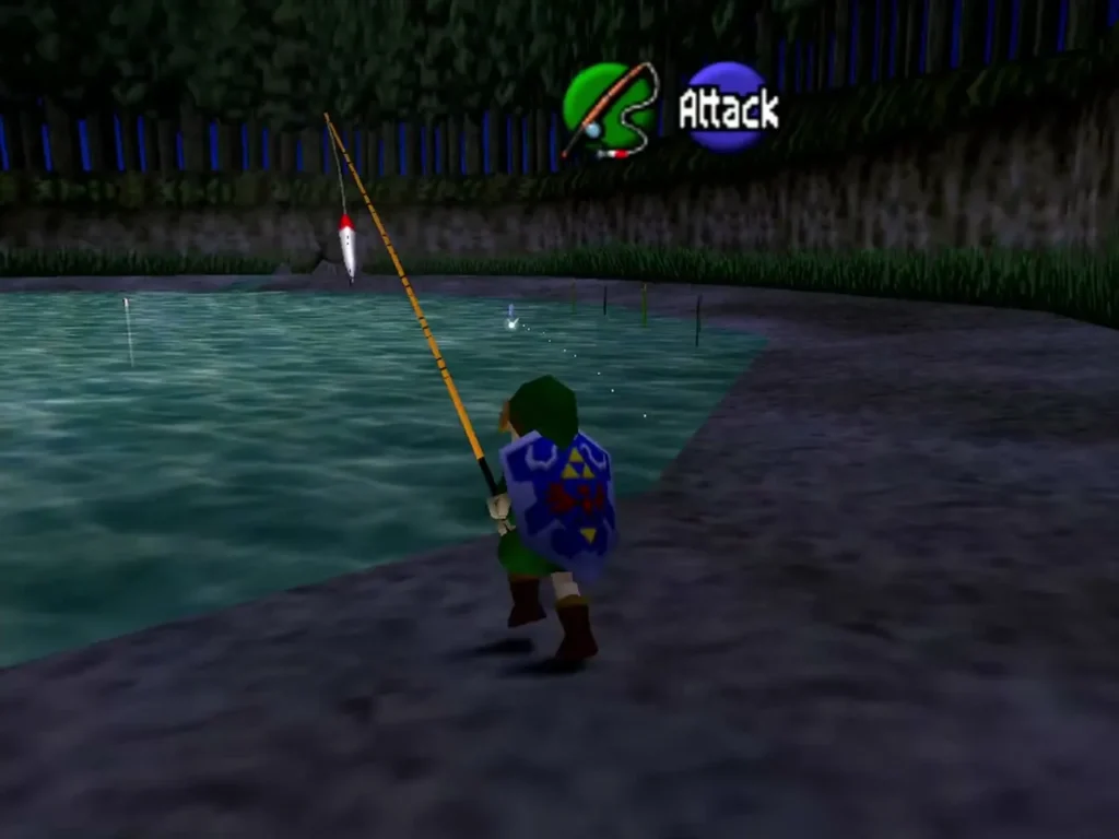 Link casts a fishing line into the Fishing Pond Link casts a fishing line into the Fishing Pond