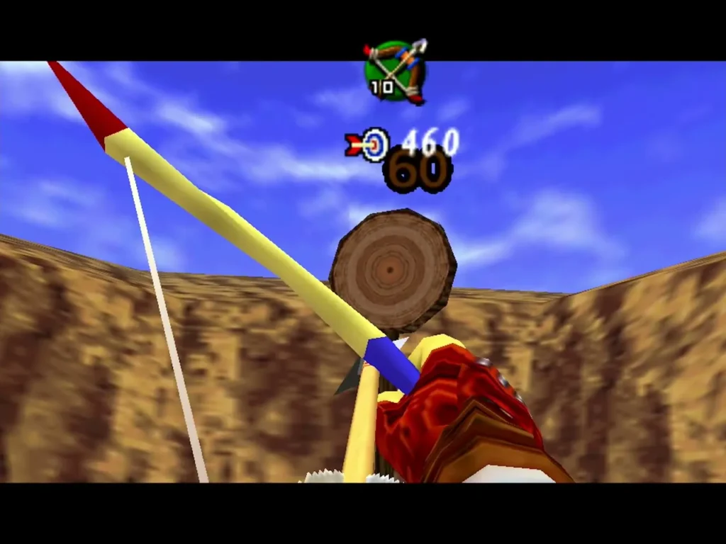 Link on Epona aiming his bow at a round target on the Gerudo archery range Link on Epona aiming his bow at a round target on the Gerudo archery range
