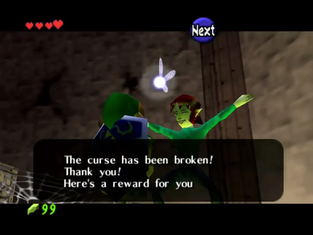 Skulltula curse broken in the House of Skulltula with the reward message Skulltula curse broken in the House of Skulltula with the reward message