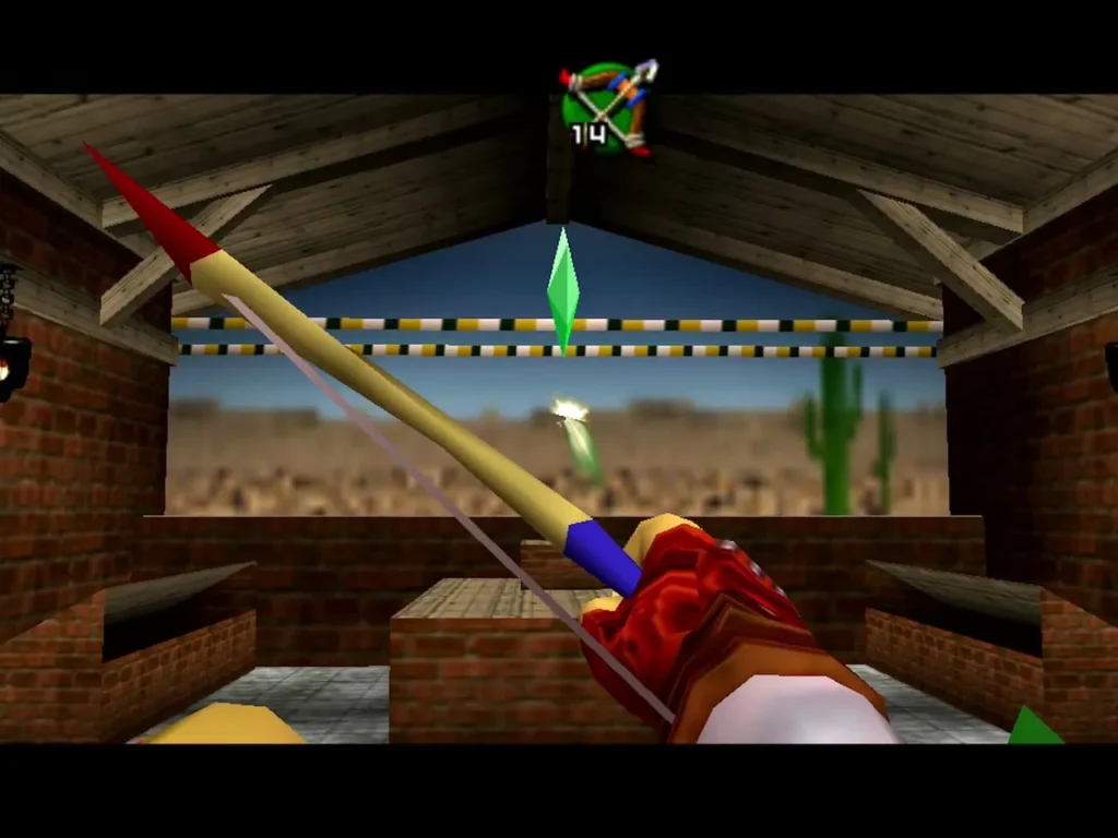 Link drawing the bow toward the target strip in the Kakariko shooting gallery Link drawing the bow toward the target strip in the Kakariko shooting gallery
