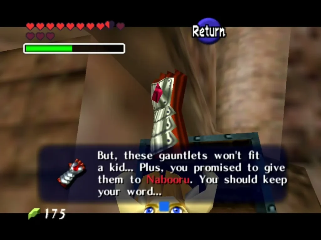 Link holding up the Silver Gauntlets while the won't-fit-a-kid message plays Link holding up the Silver Gauntlets while the won't-fit-a-kid message plays