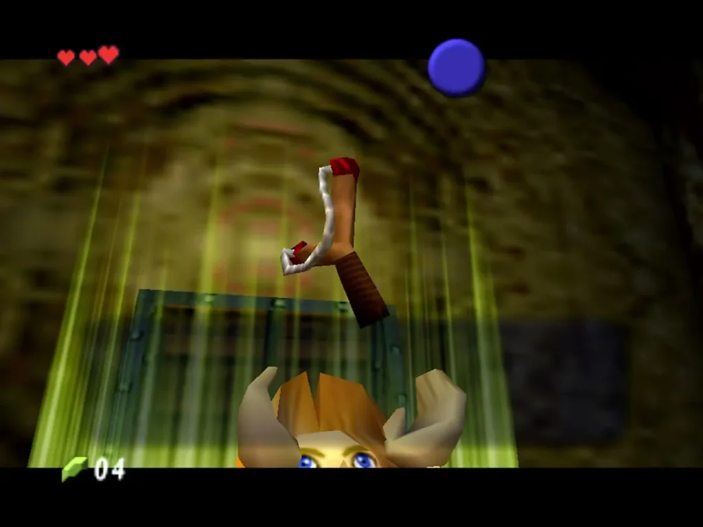Link holding up the Fairy Slingshot above a chest in the Great Deku Tree Link holding up the Fairy Slingshot above a chest in the Great Deku Tree