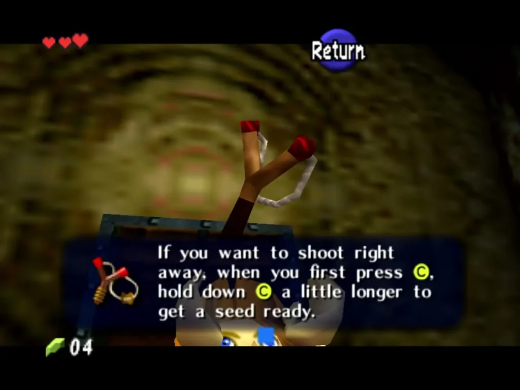 Link drawing back the Fairy Slingshot to get a Deku Seed ready Link drawing back the Fairy Slingshot to get a Deku Seed ready