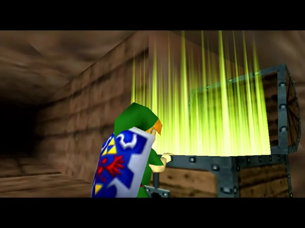 Link at the open Spirit Temple chest with light pouring out Link at the open Spirit Temple chest with light pouring out