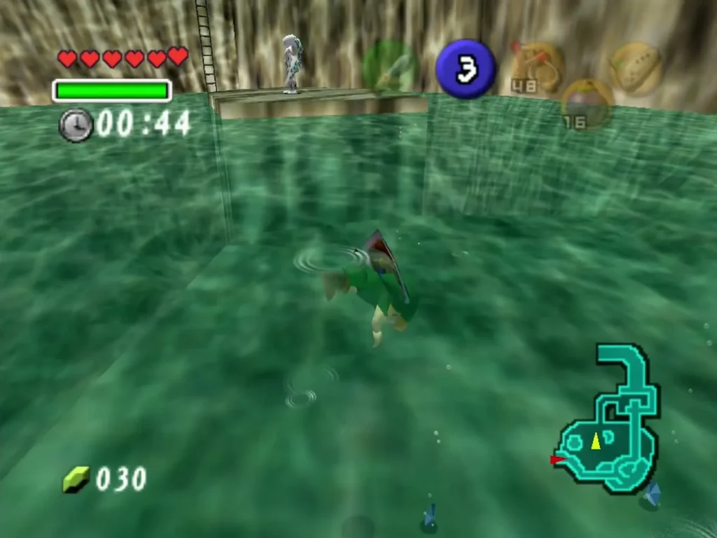 Link diving in Zora's Domain pool while the timer counts down Link diving in Zora's Domain pool while the timer counts down
