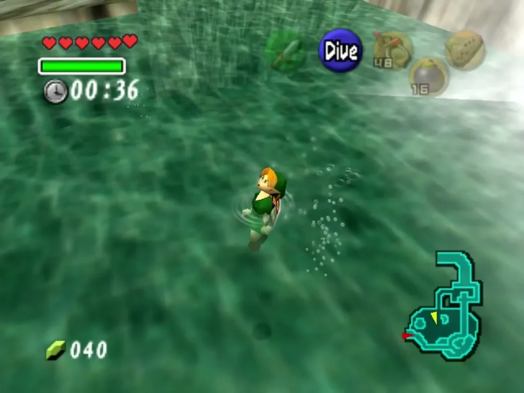 Link swimming down in the Zora's Domain dive game with the timer running Link swimming down in the Zora's Domain dive game with the timer running