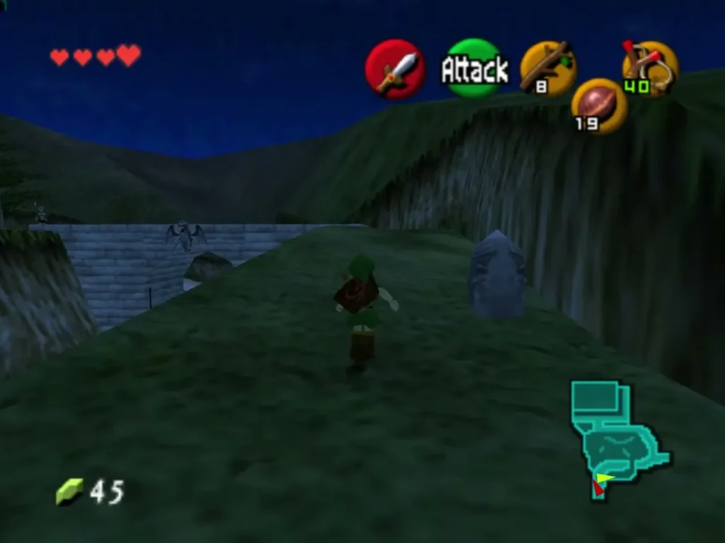 A Gossip Stone beside the path at Hyrule Castle as Link runs past it at night