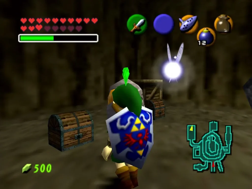 Link beside a Gossip Stone and a chest inside a hidden grotto