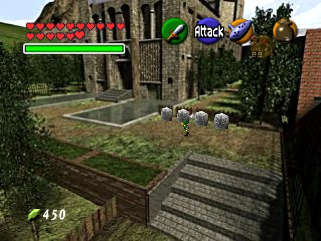 A row of four Gossip Stones in the garden in front of the Temple of Time with Link walking toward them