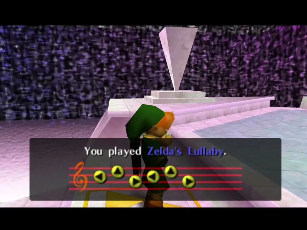 Link playing Zelda's Lullaby on the Triforce symbol at the Hyrule Castle fountain Link playing Zelda's Lullaby on the Triforce symbol at the Hyrule Castle fountain