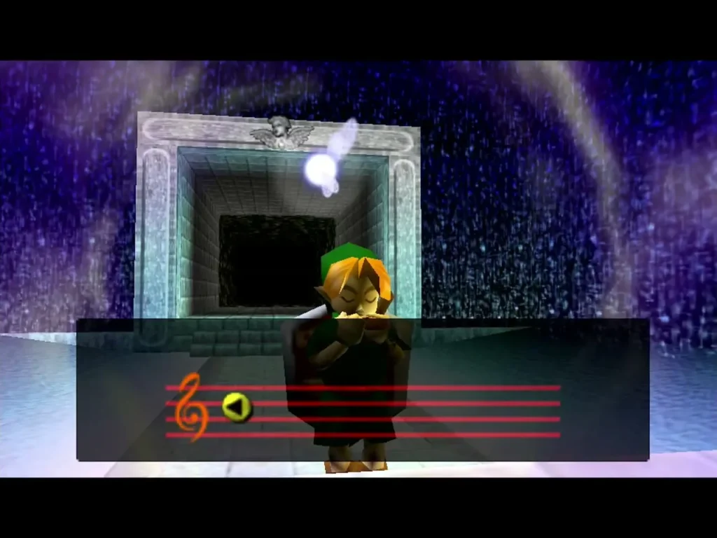 Child Link playing Zelda's Lullaby on an ocarina in front of the fountain door Child Link playing Zelda's Lullaby on an ocarina in front of the fountain door