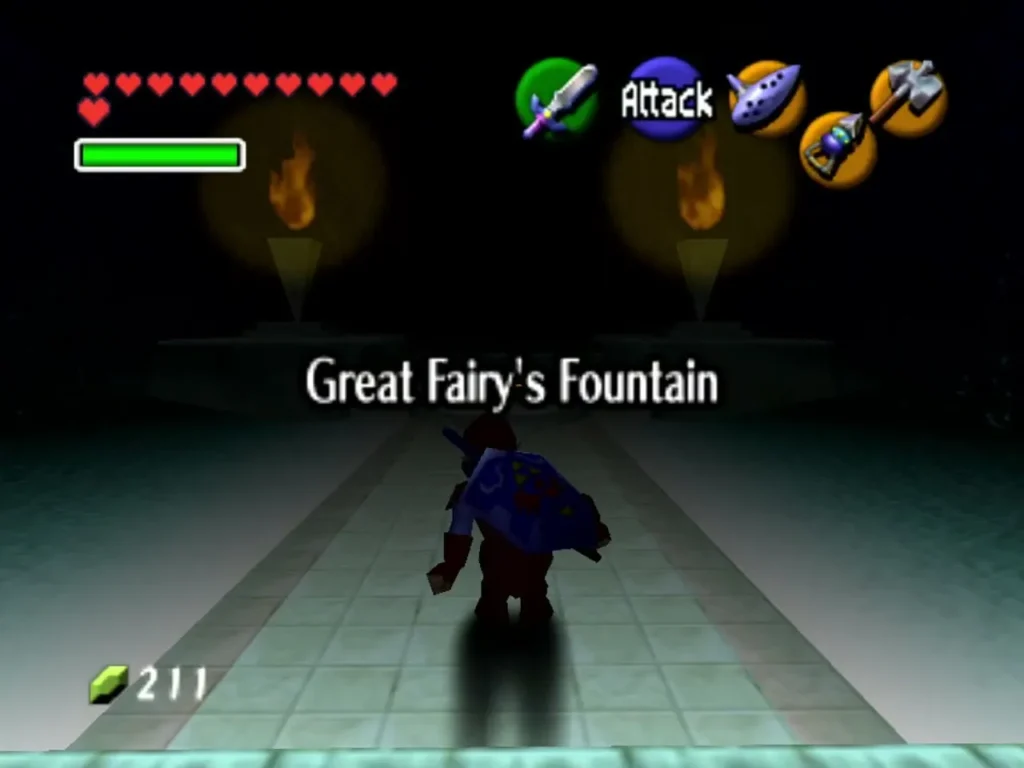 Link walking toward the Great Fairy's Fountain title card in the Crater Link walking toward the Great Fairy's Fountain title card in the Crater