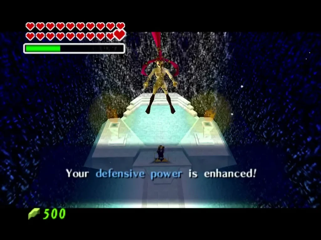 The Great Fairy above Link on the pedestal with a box saying defensive power is enhanced The Great Fairy above Link on the pedestal with a box saying defensive power is enhanced