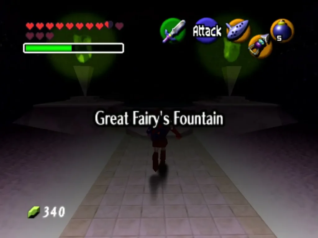 Link walking toward the Great Fairy's Fountain title card at Desert Colossus Link walking toward the Great Fairy's Fountain title card at Desert Colossus