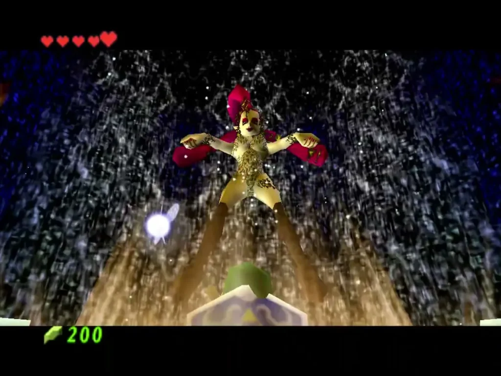 The Great Fairy's light flowing down onto Link inside her fountain The Great Fairy's light flowing down onto Link inside her fountain