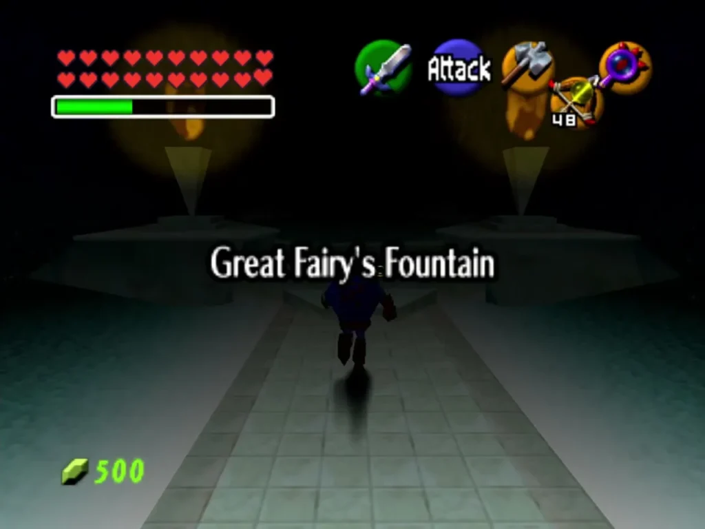 Link walking toward the Great Fairy's Fountain title card outside Ganon's Castle Link walking toward the Great Fairy's Fountain title card outside Ganon's Castle