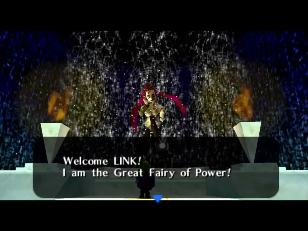 The Great Fairy of Power greeting Link in the fountain chamber with a text box The Great Fairy of Power greeting Link in the fountain chamber with a text box