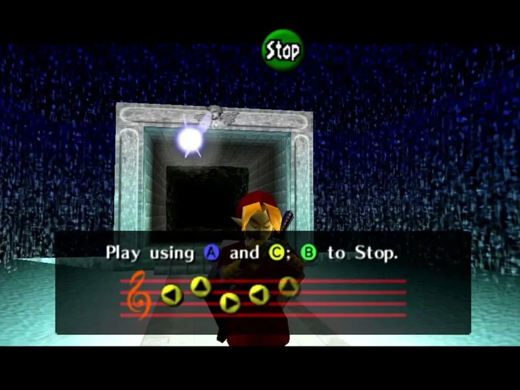Link playing the ocarina song at the fountain door with the Play using A and C box Link playing the ocarina song at the fountain door with the Play using A and C box