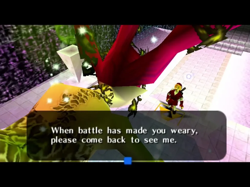 Great Fairy of Magic's closing text: When battle has made you weary, please come back to see me Great Fairy of Magic's closing text: When battle has made you weary, please come back to see me