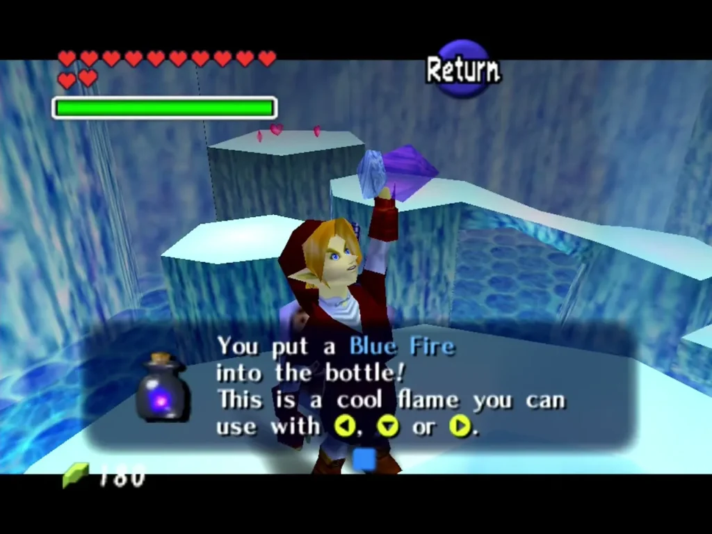 Link holding up a bottle of Blue Fire in the Ice Cavern Link holding up a bottle of Blue Fire in the Ice Cavern