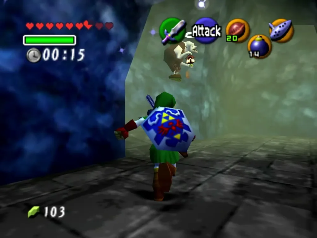 Link chasing Dampe's ghost through a blue-walled tunnel with the race timer running Link chasing Dampe's ghost through a blue-walled tunnel with the race timer running