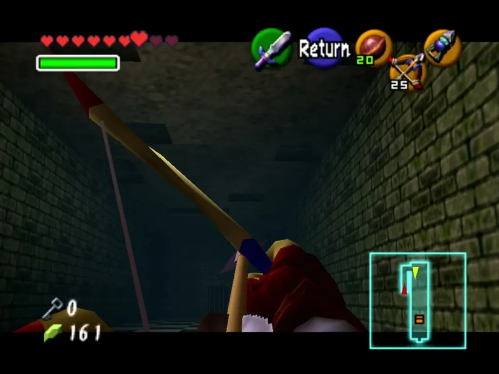 Link aiming the Fairy Bow down a brick hall Link aiming the Fairy Bow down a brick hall