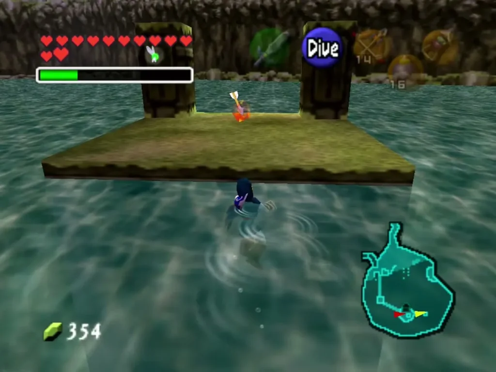 Link swimming toward the small island where the Fire Arrow chest has appeared Link swimming toward the small island where the Fire Arrow chest has appeared