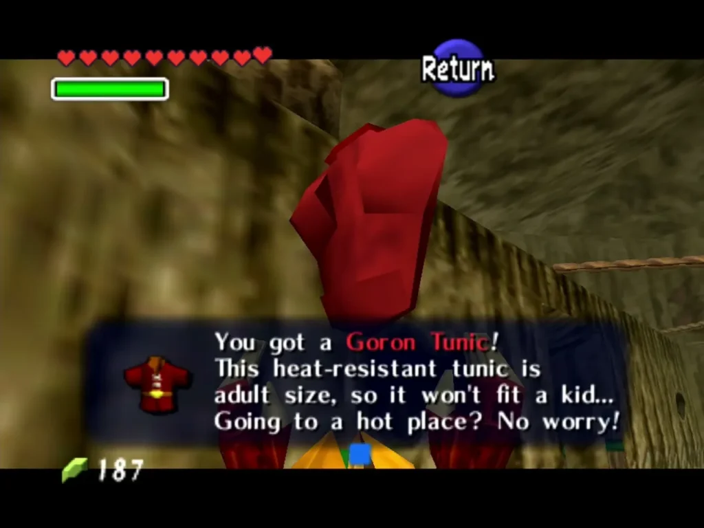 Link receiving the Goron Tunic with its item box Link receiving the Goron Tunic with its item box