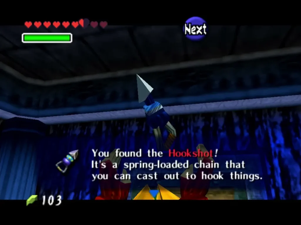 Link holding the Hookshot up under the 'You found the Hookshot' box in Dampe's Grave Link holding the Hookshot up under the 'You found the Hookshot' box in Dampe's Grave