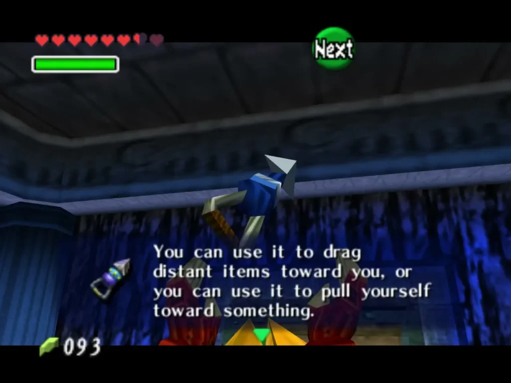 The Hookshot item box explaining that it drags distant items or pulls Link toward something The Hookshot item box explaining that it drags distant items or pulls Link toward something