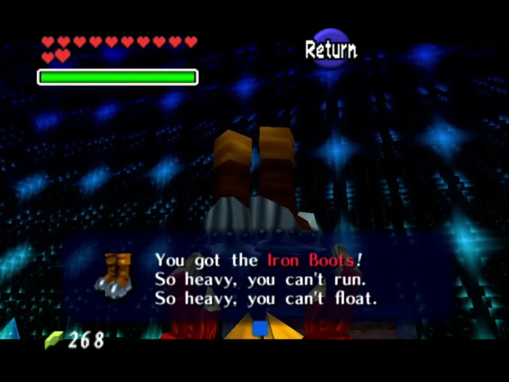 Link holding up the Iron Boots in the Ice Cavern Link holding up the Iron Boots in the Ice Cavern