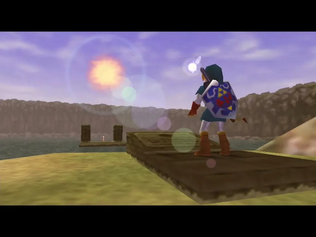 Link on the platform near the Water Temple entrance at Lake Hylia with the morning sun on the horizon Link on the platform near the Water Temple entrance at Lake Hylia with the morning sun on the horizon