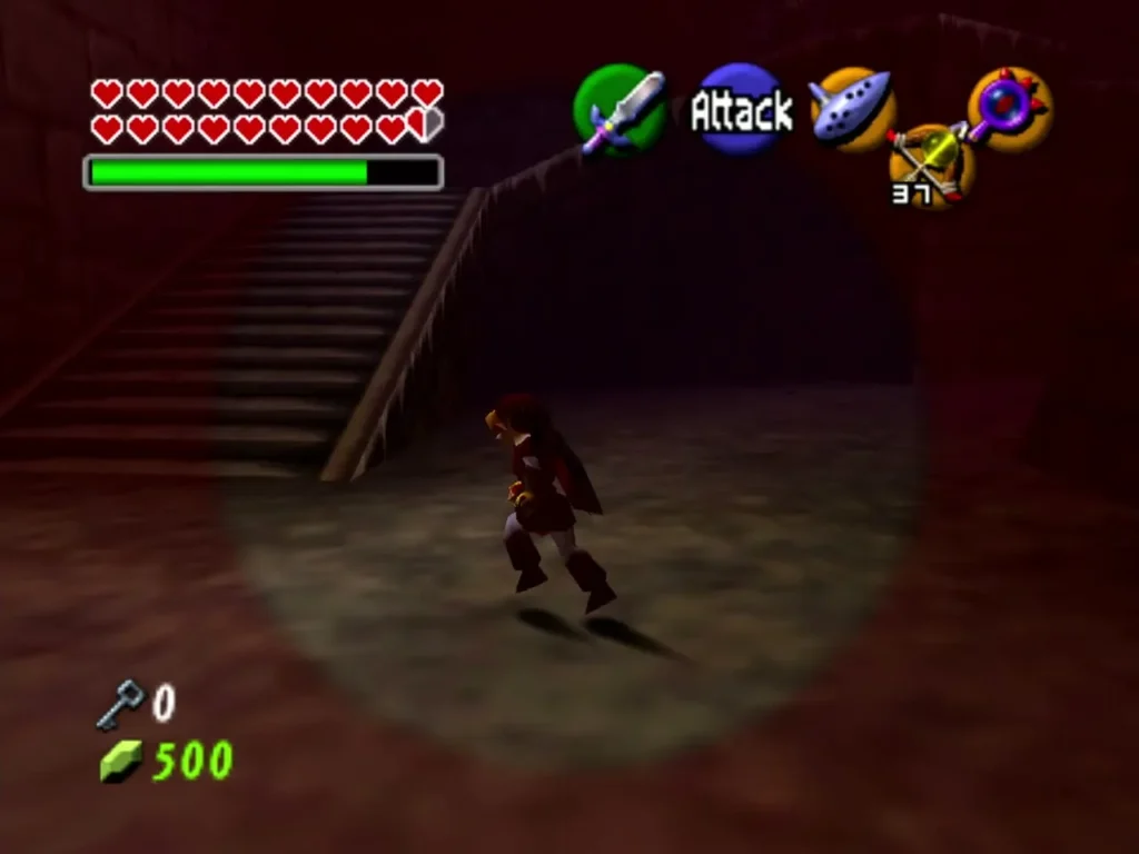 Link in a dark chamber with the Lens of Truth active, its light circle around him Link in a dark chamber with the Lens of Truth active, its light circle around him