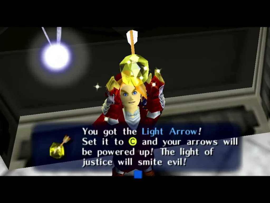 Link holding up the Light Arrow in the Temple of Time Link holding up the Light Arrow in the Temple of Time