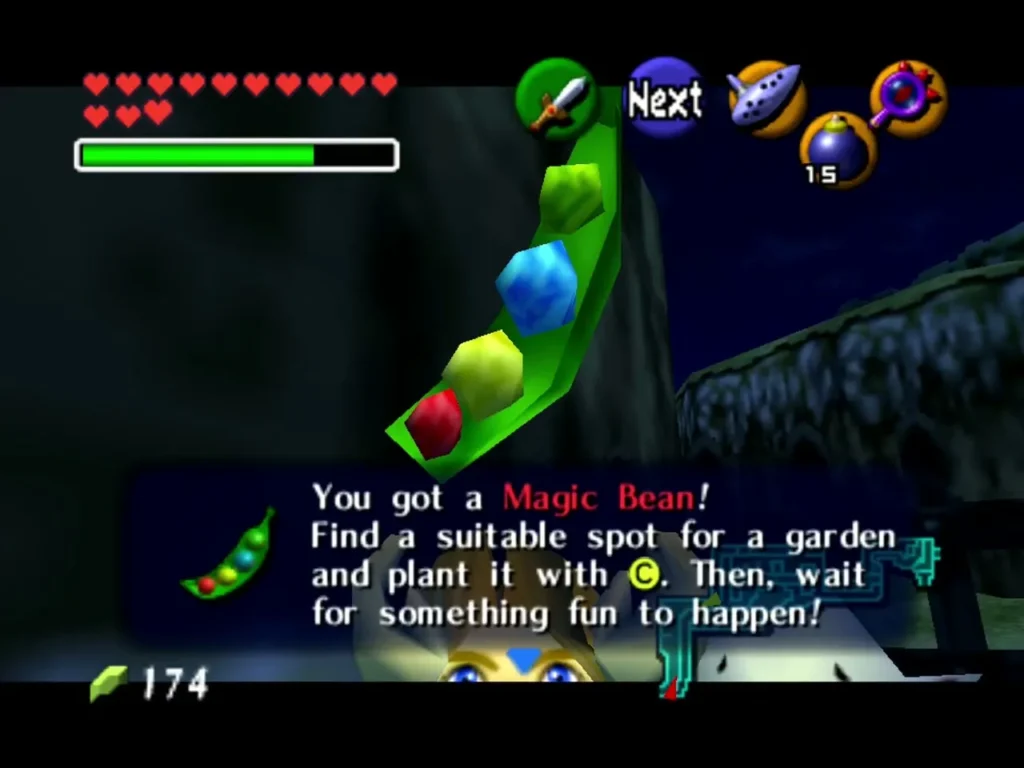 Link holding up a Magic Bean with the full item message Link holding up a Magic Bean with the full item message
