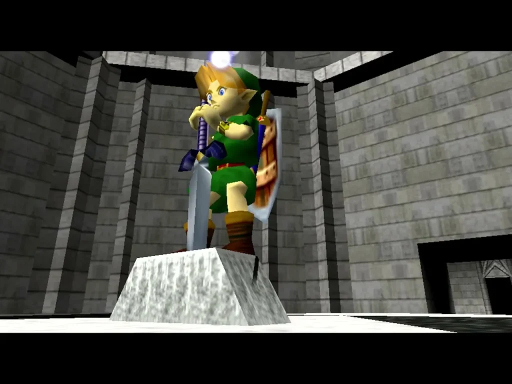 Link pulling the Master Sword from its pedestal Link pulling the Master Sword from its pedestal