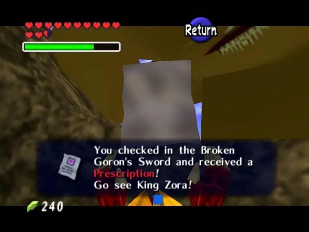 Rocky canyon with the Prescription received box on screen after checking in the Broken Goron's Sword Rocky canyon with the Prescription received box on screen after checking in the Broken Goron's Sword