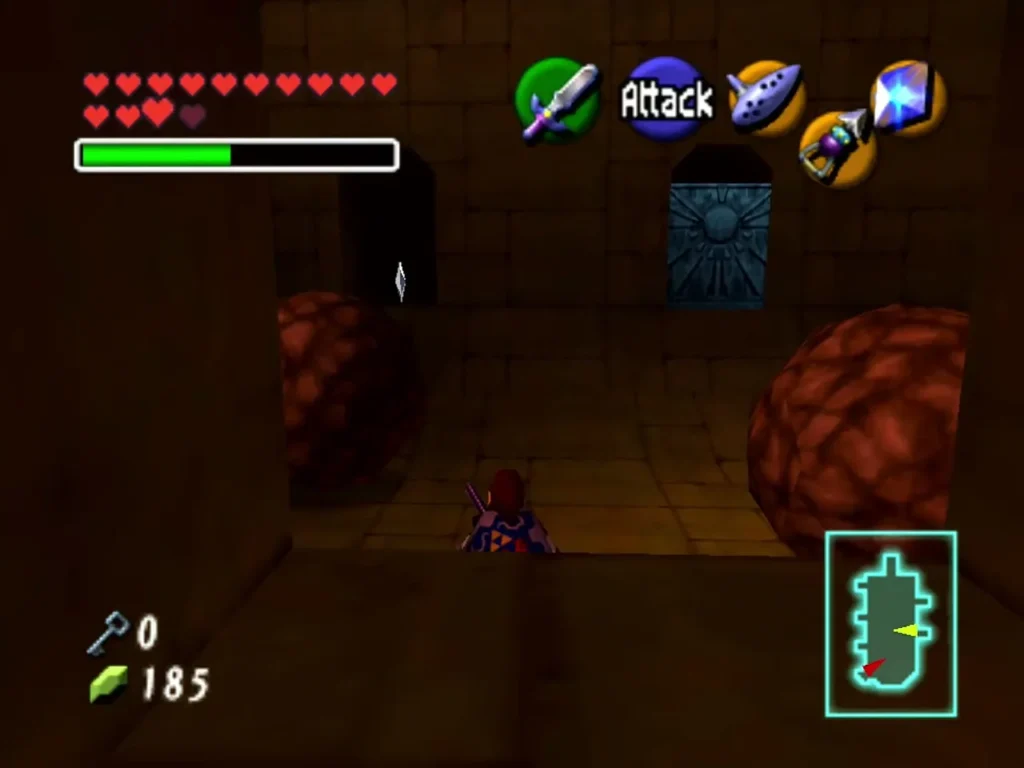 A Silver Rupee floating in a doorway between two rolling boulders in the Spirit Temple A Silver Rupee floating in a doorway between two rolling boulders in the Spirit Temple